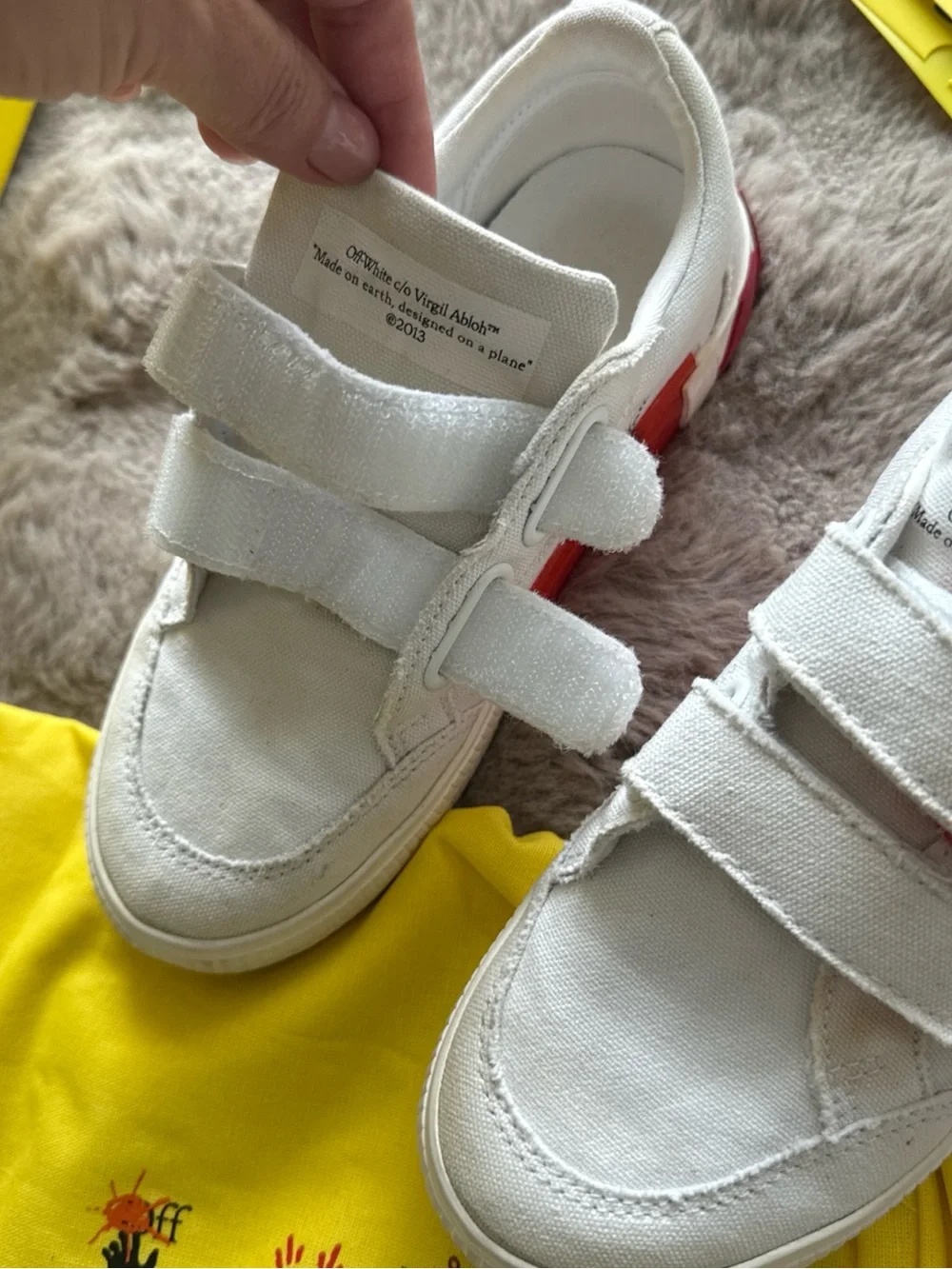 Off-White Kids White Sneakers with Red Stripe Accents size 33
